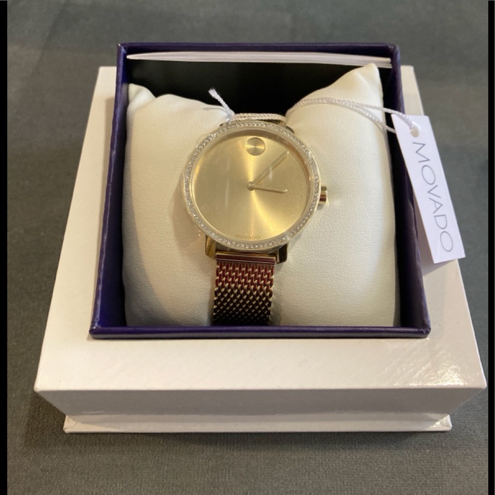 MOVADO Bold Crystal Bezel 34MM SS Gold Mesh Watch